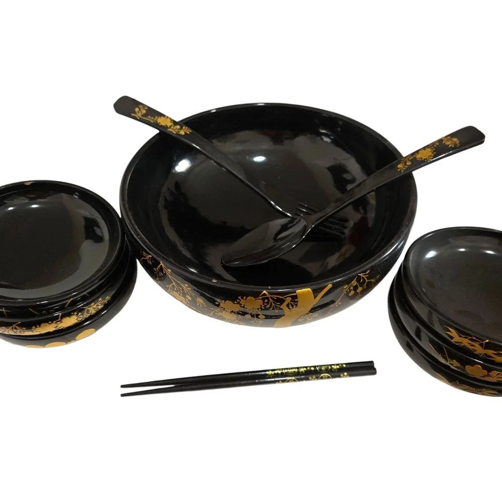 Vintage Japanese Black Gold Lacquer Salad Bowl Set 9 Pc Cherry Blossom Serving
